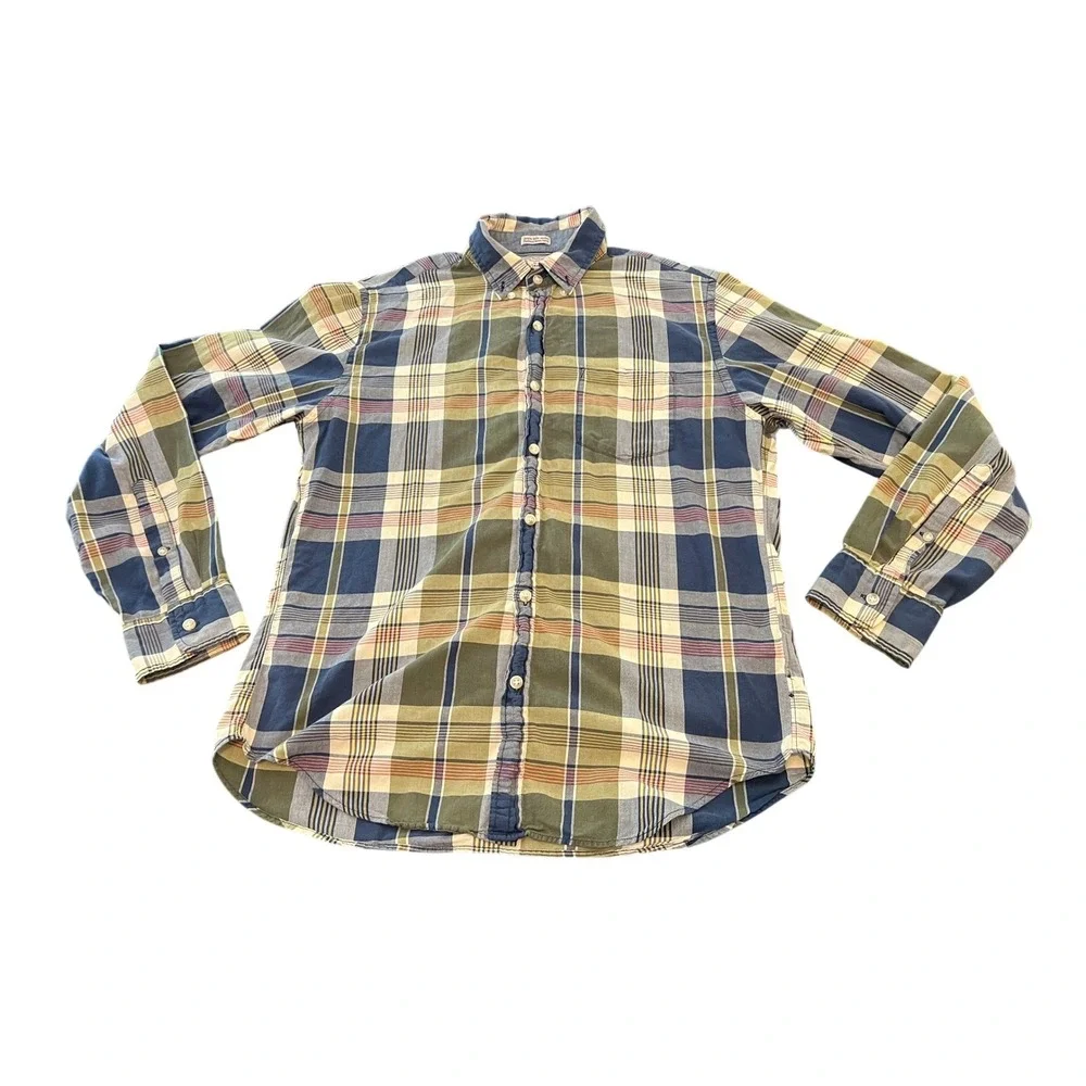 J.Crew Mens Medium Madras Plaid Button Down Shirt Blue Green Long Sleeve Tailor